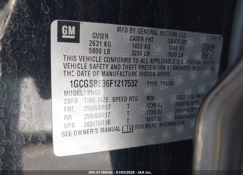 2015 CHEVROLET COLORADO LT VIN: 1GCGSBE36F1217532