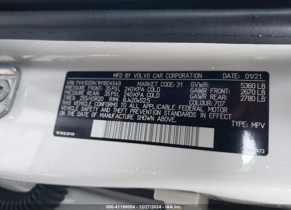 2021 VOLVO XC60 T5 MOMENTUM VIN: YV4102RK1M1804549