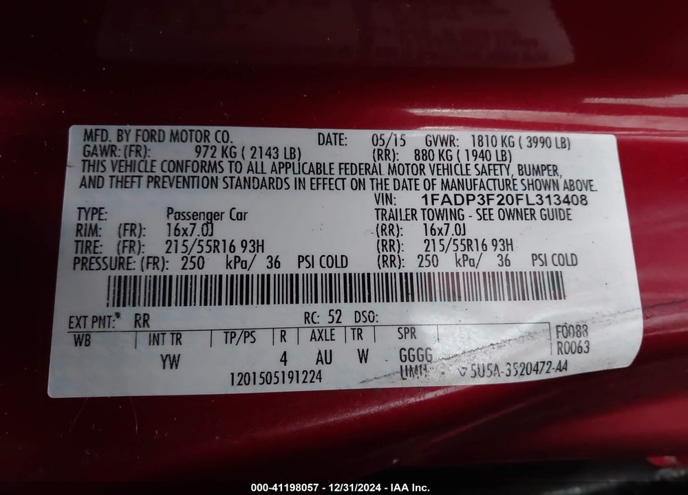 2015 FORD FOCUS SE VIN: 1FADP3F20FL313408