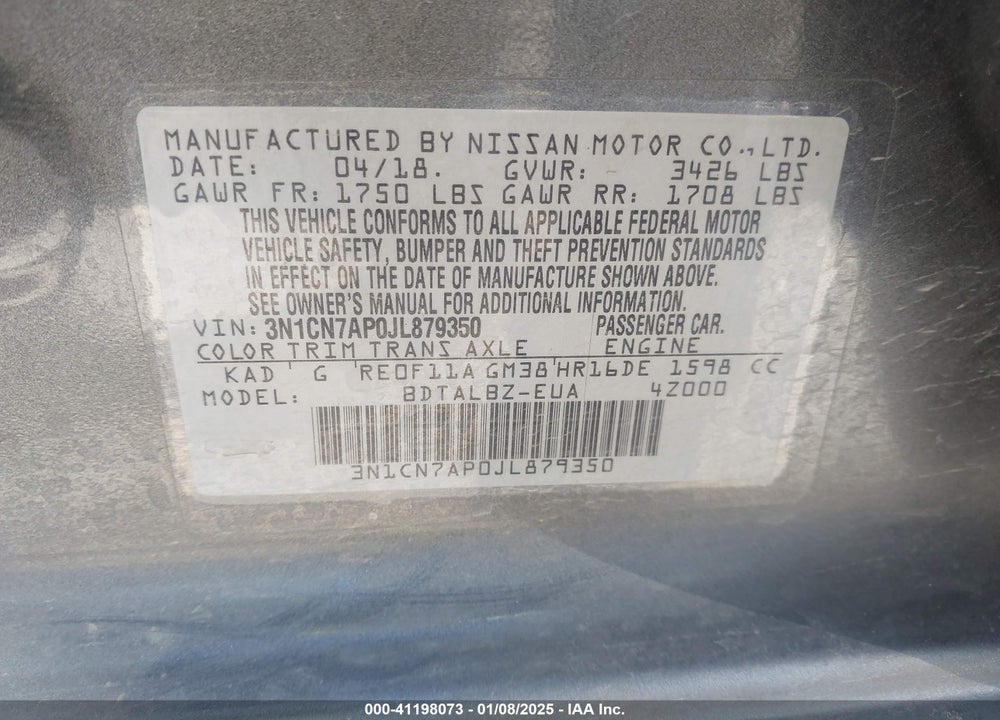 2018 NISSAN VERSA VIN: 3N1CN7AP0JL879350