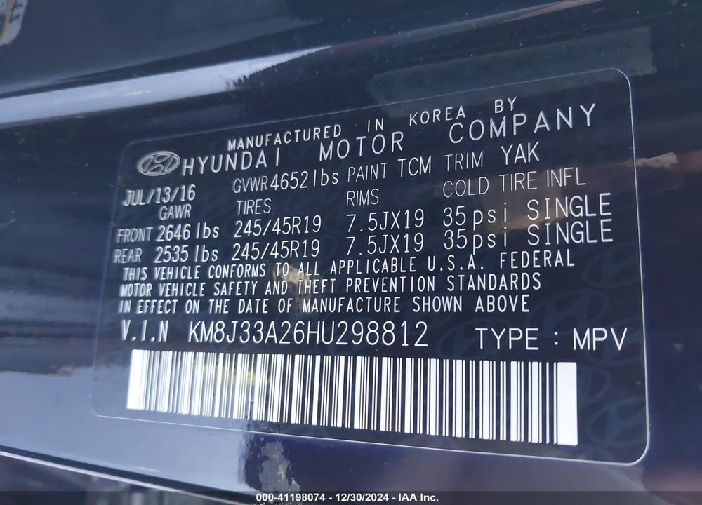 2017 HYUNDAI TUCSON LIMITED VIN: KM8J33A26HU298812