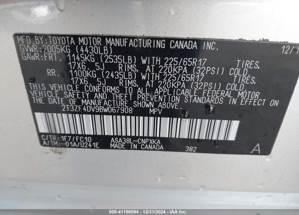2011 TOYOTA RAV4 VIN: 2T3ZF4DV9BW067908