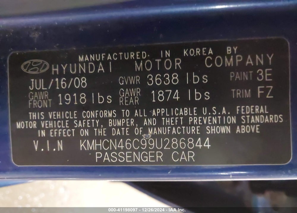 2009 HYUNDAI ACCENT GLS VIN: KMHCN46C99U286844