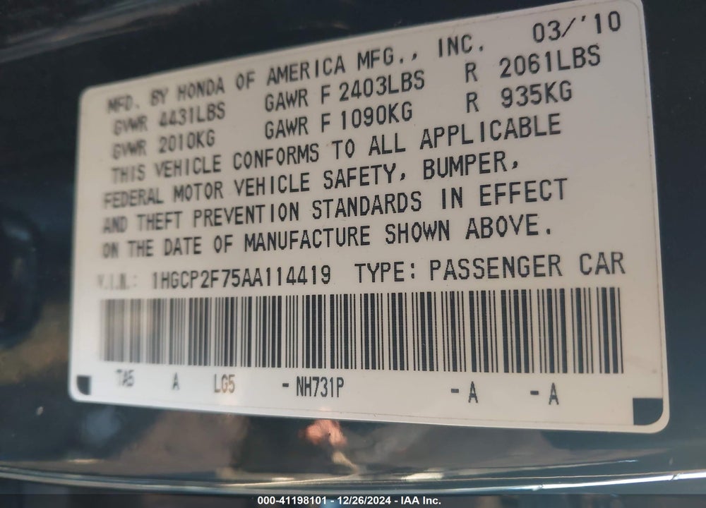 2010 HONDA ACCORD 2.4 EX VIN: 1HGCP2F75AA114419