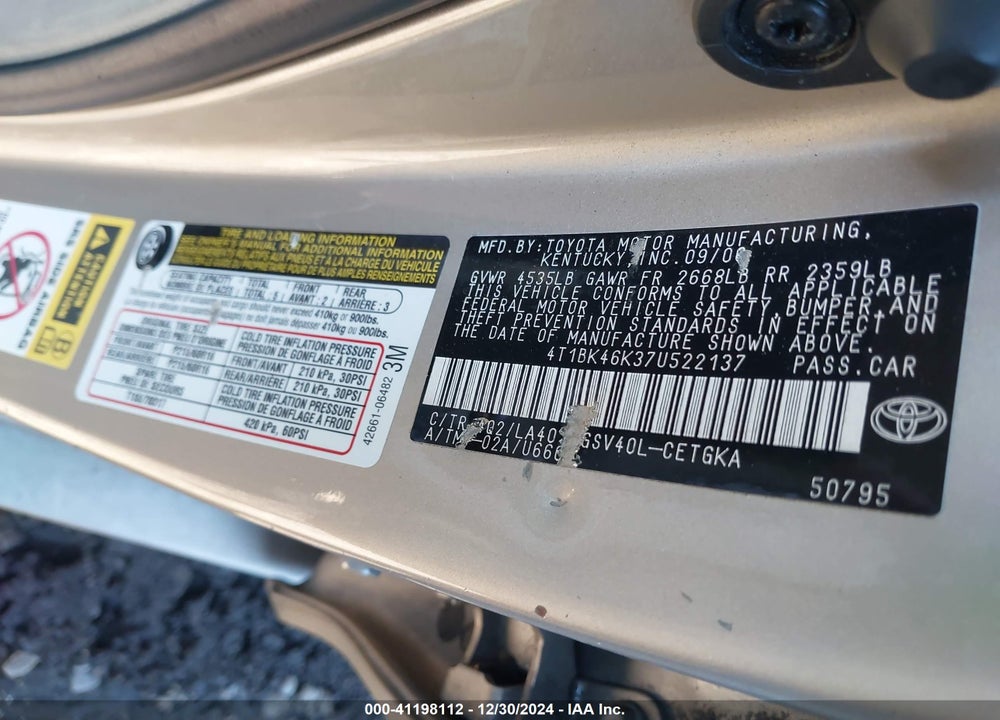 2007 TOYOTA CAMRY XLE V6 VIN: 4T1BK46K37U522137