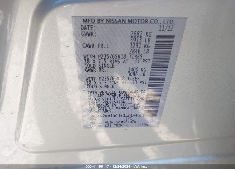 2013 NISSAN PATHFINDER SL VIN: 5N1AR2MM4DC612642