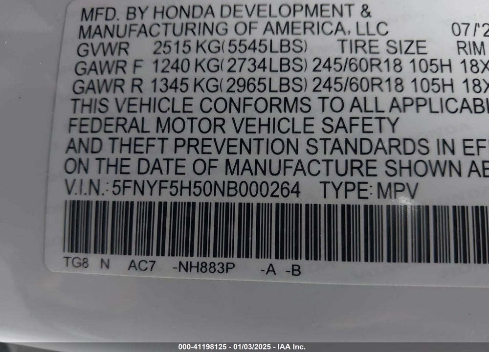 2022 HONDA PILOT 2WD EX-L VIN: 5FNYF5H50NB000264