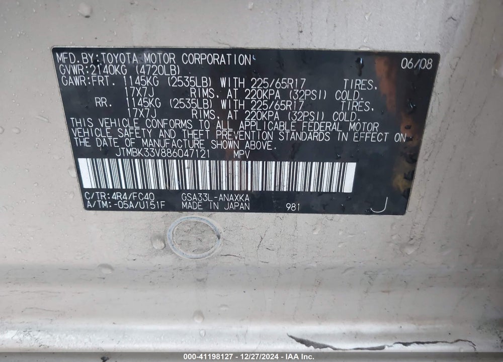 2008 TOYOTA RAV4 BASE V6 VIN: JTMBK33V886047121