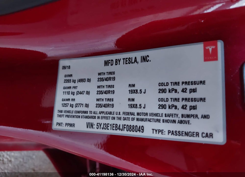 2018 TESLA MODEL 3 LONG RANGE/PERFORMANCE VIN: 5YJ3E1EB4JF088049
