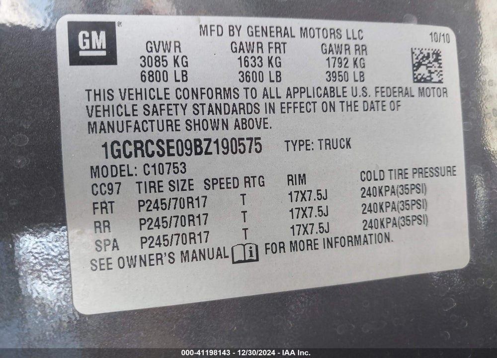 2011 CHEVROLET SILVERADO 1500 LT VIN: 1GCRCSE09BZ190575
