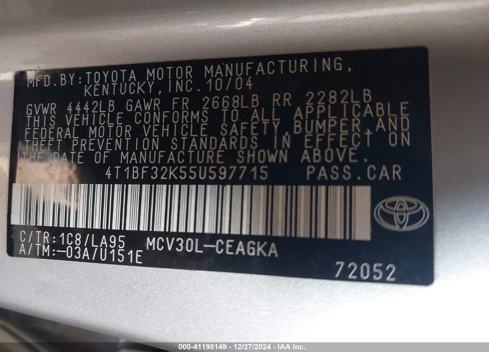 2005 TOYOTA CAMRY XLE V6 VIN: 4T1BF32K55U597715