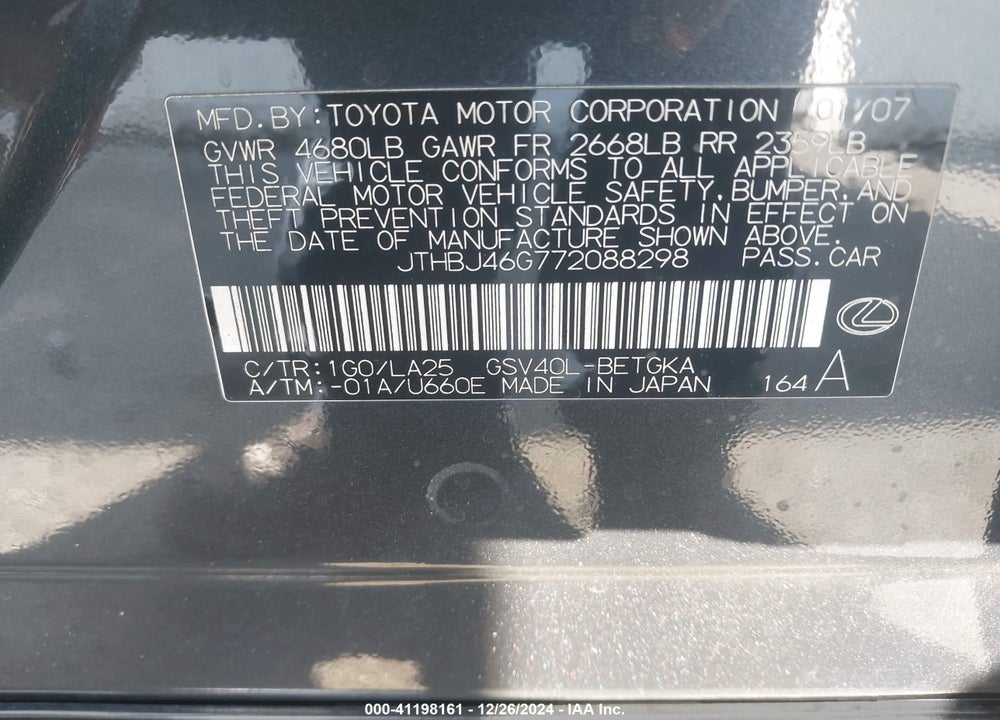 2007 LEXUS ES 350 VIN: JTHBJ46G772088298