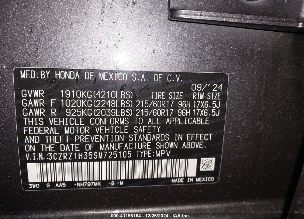 2025 HONDA HR-V VIN: 3CZRZ1H35SM725105