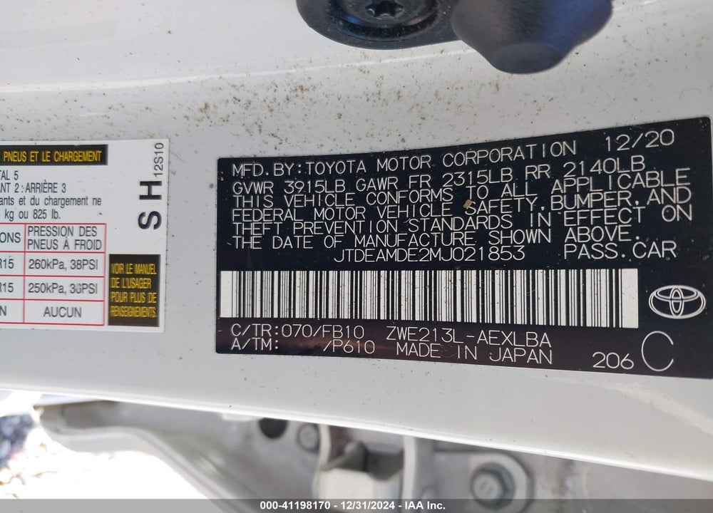 2021 TOYOTA COROLLA VIN: JTDEAMDE2MJ021853