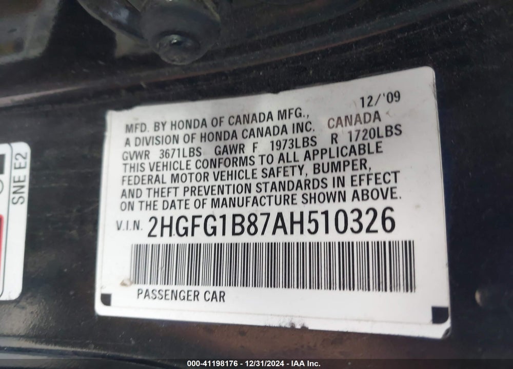 2010 HONDA CIVIC EX VIN: 2HGFG1B87AH510326