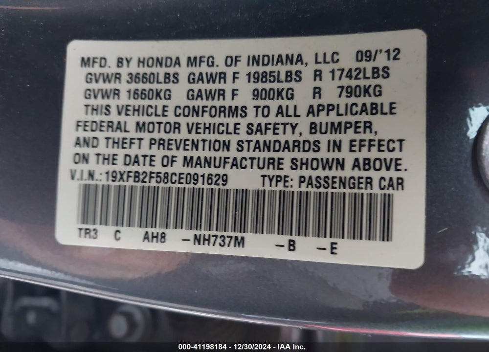 2012 HONDA CIVIC SDN LX VIN: 19XFB2F58CE091629