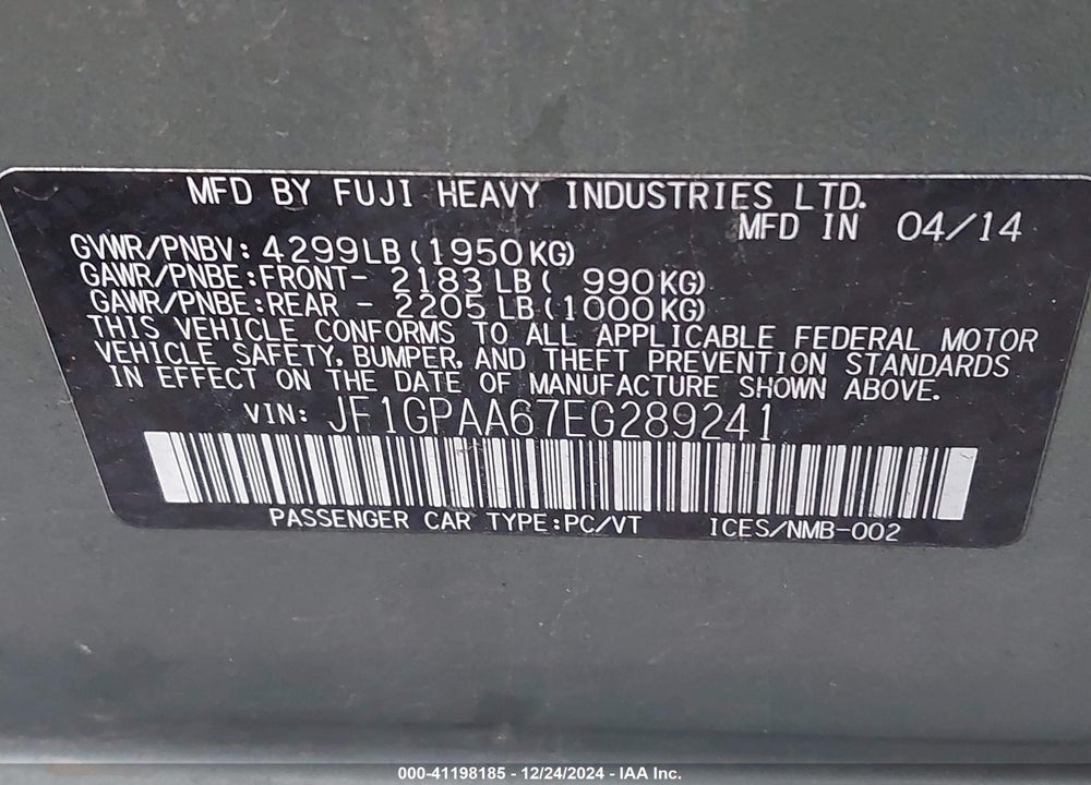 2014 SUBARU IMPREZA 2.0I VIN: JF1GPAA67EG289241