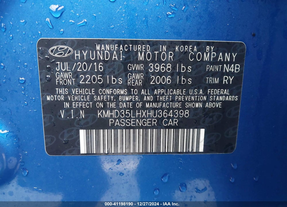 2017 HYUNDAI ELANTRA GT VIN: KMHD35LHXHU364398