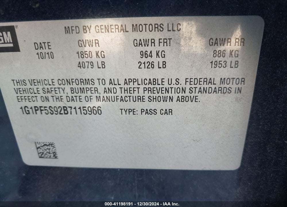 2011 CHEVROLET CRUZE 1LT VIN: 1G1PF5S92B7115966