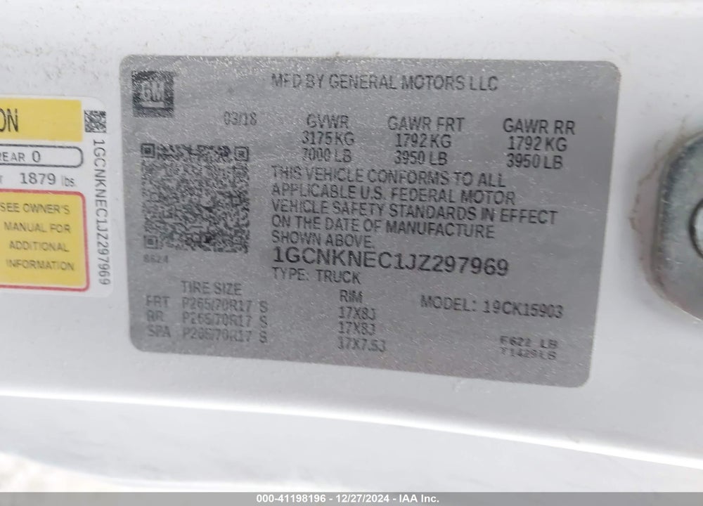 2018 CHEVROLET SILVERADO 1500 WT VIN: 1GCNKNEC1JZ297969