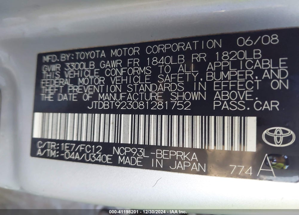 2008 TOYOTA YARIS VIN: JTDBT923081281752