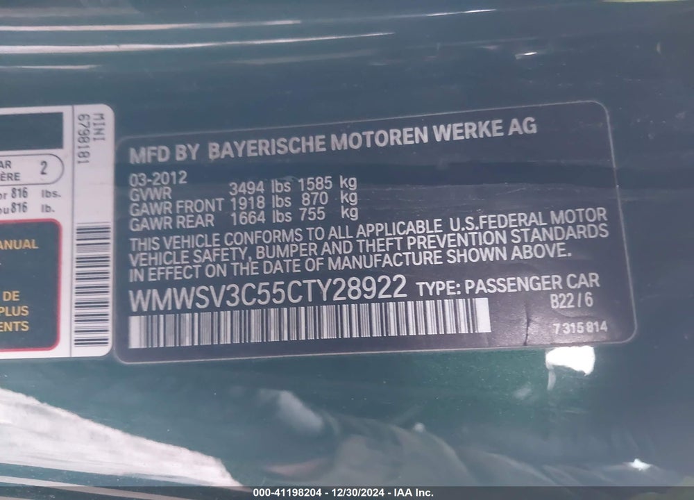 2012 MINI COOPER S VIN: WMWSV3C55CTY28922