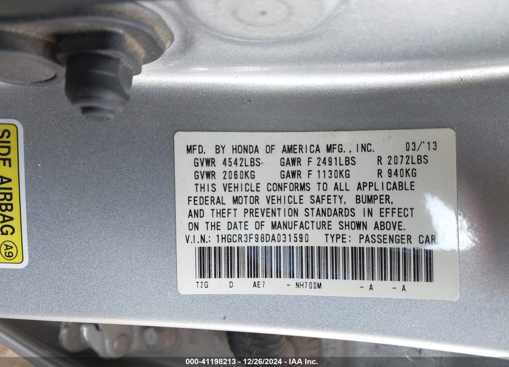 2013 HONDA ACCORD TOURING VIN: 1HGCR3F98DA031590