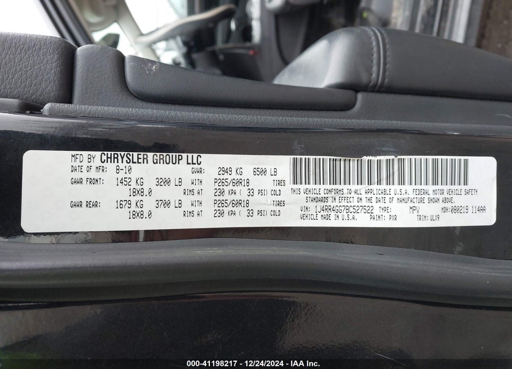 2011 JEEP GRAND CHEROKEE LAREDO VIN: 1J4RR4GG7BC527522