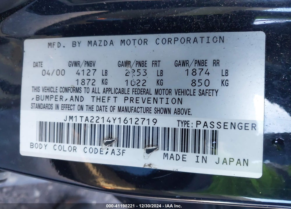2000 MAZDA MILLENIA VIN: JM1TA2214Y1612719