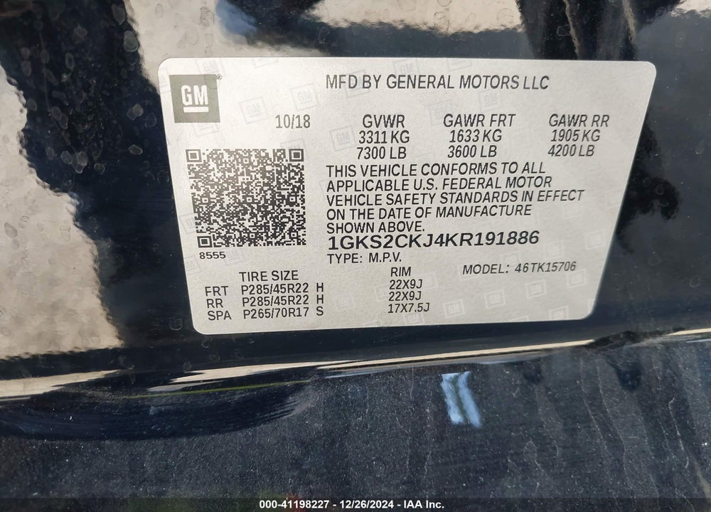 2019 GMC YUKON DENALI VIN: 1GKS2CKJ4KR191886