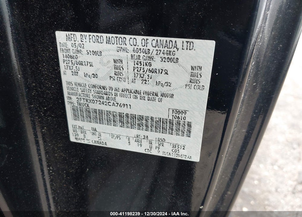 2002 FORD F-150 XL/XLT VIN: 2FTRX07242CA76911
