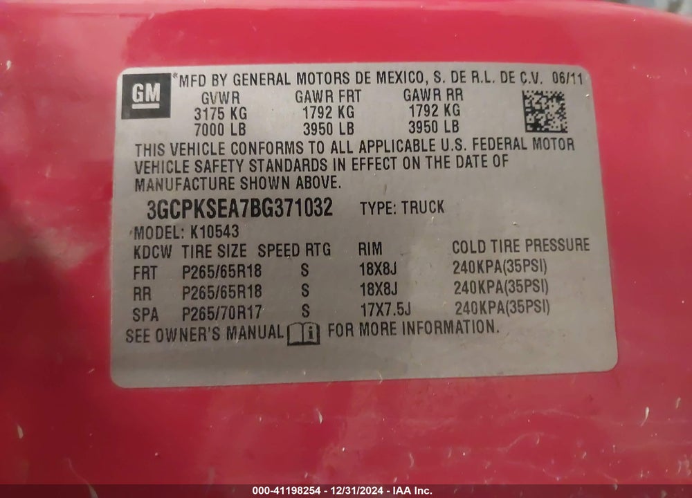 2011 CHEVROLET SILVERADO VIN: 3GCPKSEA7BG371032