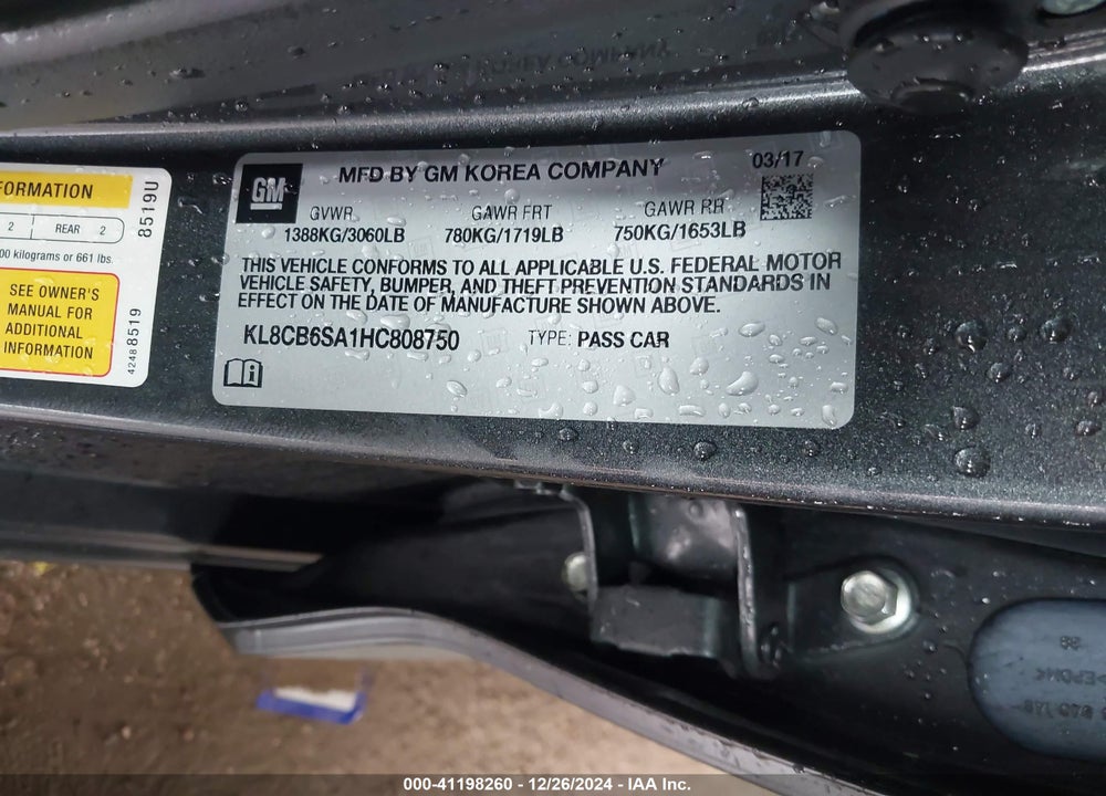 2017 CHEVROLET SPARK VIN: KL8CB6SA1HC808750