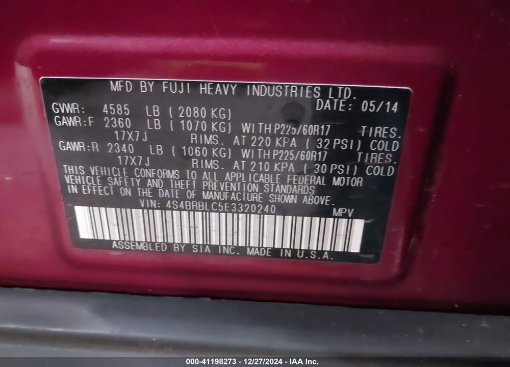 2014 SUBARU OUTBACK 2.5I LIMITED VIN: 4S4BRBLC5E3320240