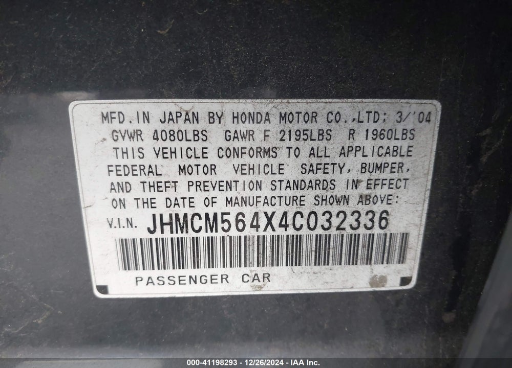 2004 HONDA ACCORD 2.4 LX VIN: JHMCM564X4C032336