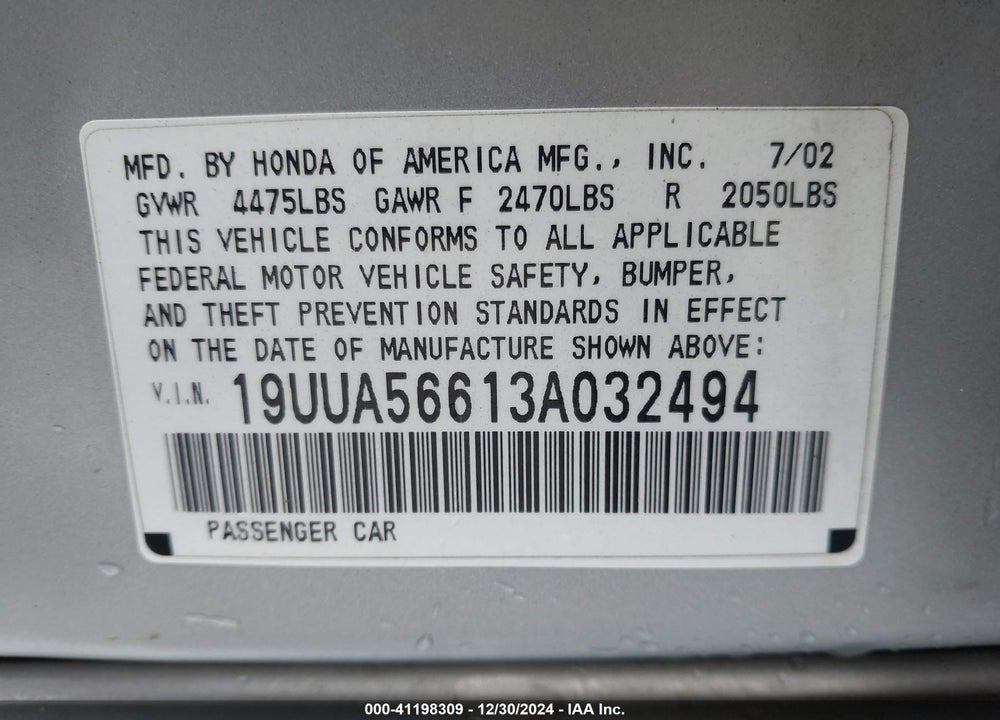 2003 ACURA TL 3.2 VIN: 19UUA56613A032494