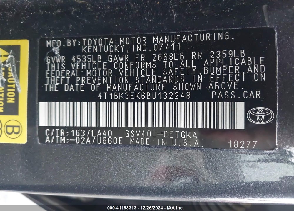 2011 TOYOTA CAMRY XLE V6 VIN: 4T1BK3EK6BU132248