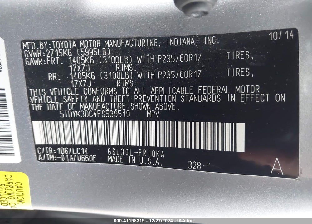 2015 TOYOTA SIENNA XLE 8 PASSENGER VIN: 5TDYK3DC4FS539519