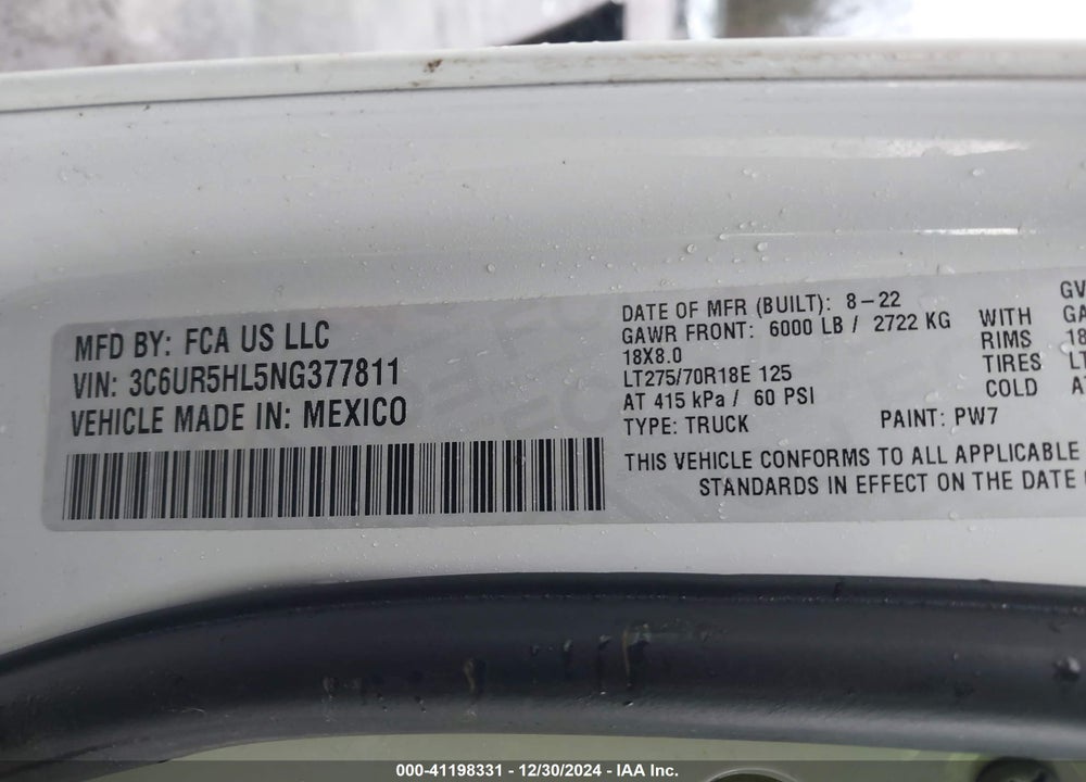 2022 RAM 2500 VIN: 3C6UR5HL5NG377811