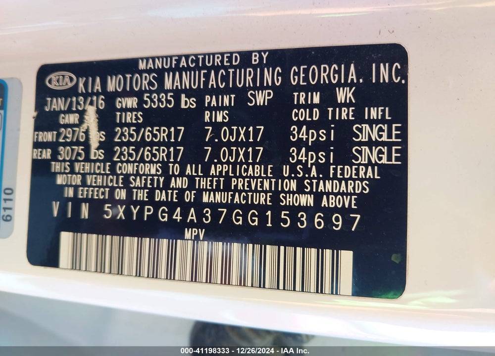2016 KIA SORENTO 2.4L LX VIN: 5XYPG4A37GG153697