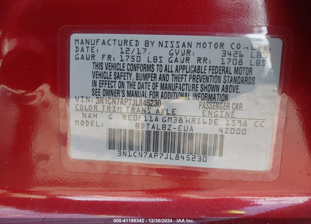 2018 NISSAN VERSA 1.6 SV VIN: 3N1CN7AP7JL845230