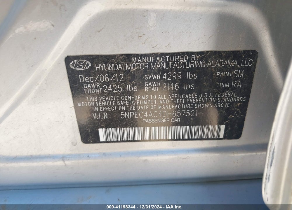 2013 HYUNDAI SONATA LIMITED VIN: 5NPEC4AC4DH657521