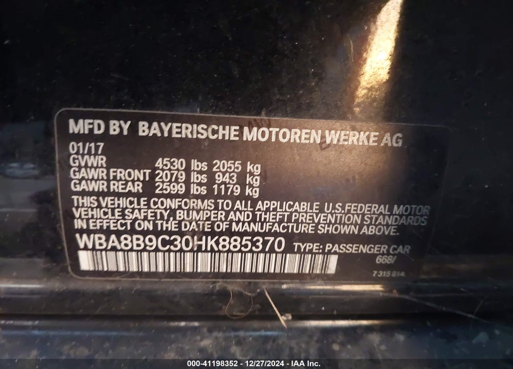 2017 BMW 330I VIN: WBA8B9C30HK885370