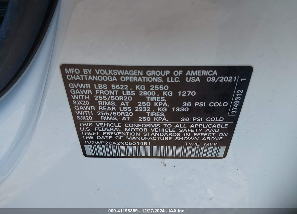 2022 VOLKSWAGEN ATLAS VIN: 1V2WP2CA2NC501451