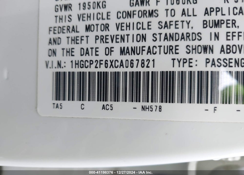 2012 HONDA ACCORD 2.4 SE VIN: 1HGCP2F6XCA067821