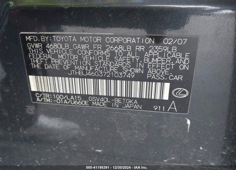 2007 LEXUS ES 350 VIN: JTHBJ46G372103749