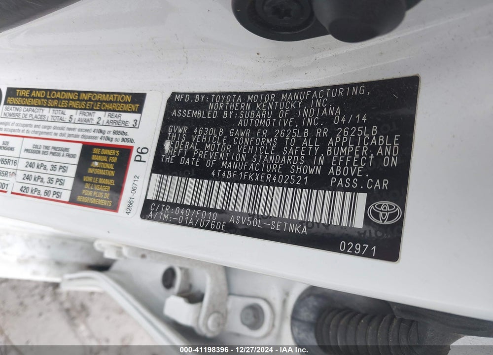 2014 TOYOTA CAMRY LE VIN: 4T4BF1FKXER402521