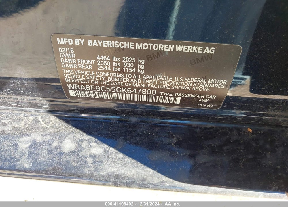 2016 BMW 328I VIN: WBA8E9C55GK647800