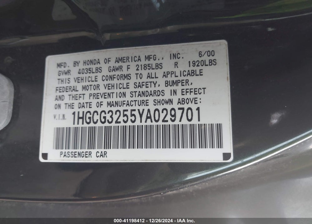 2000 HONDA ACCORD 2.3 EX VIN: 1HGCG3255YA029701
