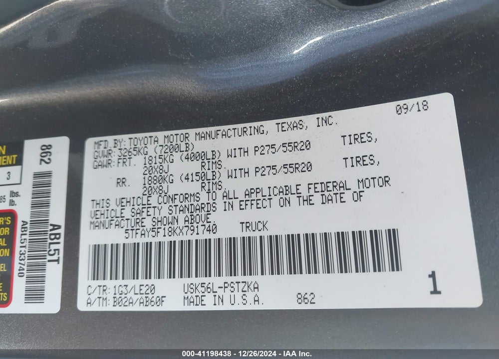 2019 TOYOTA TUNDRA VIN: 5TFAY5F18KX791740